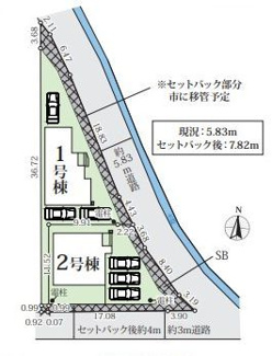 【区画図】 | 南区当麻 1号棟 6期 | １号棟　北東側5.8m道路　カースペース３台（車種による）　セットバック済み