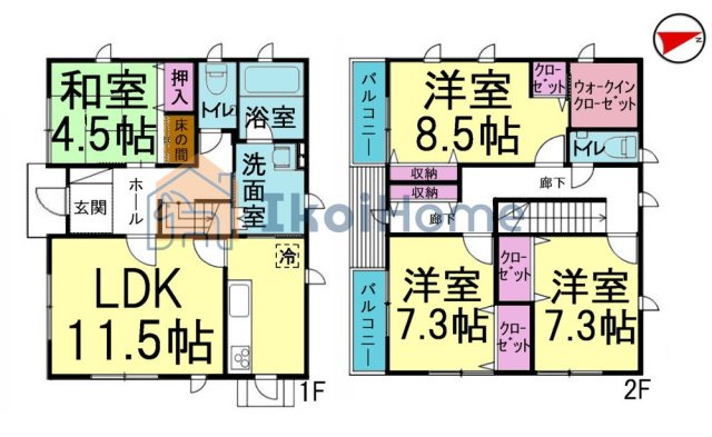 神戸市西区水谷2丁目　中古戸建の間取り|4LDK+WIC♪1階に独立和室ありで親御様との同居にも便利な間取りになっております！