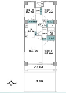 【間取り】 | コスモ海老名ウッドスクエア | 東向き　3LDK　南東角部屋　３面採光　全居室採光有り　専用庭　