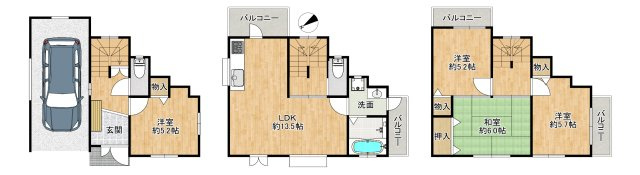 西三国3丁目中古戸建の間取り|◆土地面積：71.09㎡、専有面積：91.11㎡、4LDK、LDKは約13.5帖！