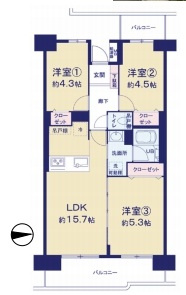 ベルヴィル大宮Aの間取り|ベルヴィル大宮A、3LDK、専有面積59.69m2、バルコニー面積9.45m2