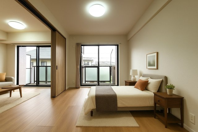 ライオンズヴィアーレ吉川の居間・リビング|柔らかな色合いのフローリングと清潔感の溢れるクロスが明るい空間を創り出しているリビングダイニング※家具をCGで加工しており、家具付き販売ではございません。