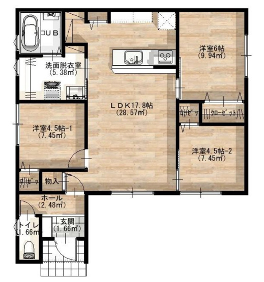 【間取り】 | 【新築分譲住宅】天童市柏木町二丁目　全3棟 | (3号棟)、価格2380万円、3LDK、土地面積170.58m2、建物面積72.04m2