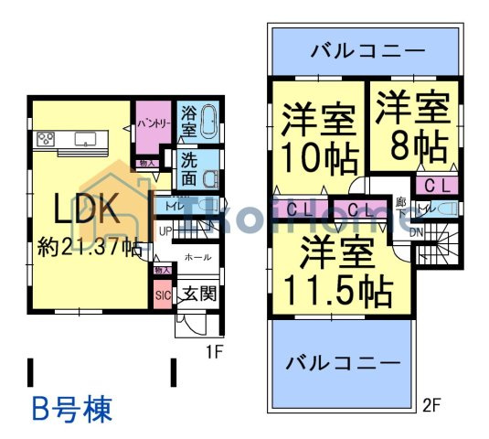 明石市西朝霧丘　新築戸建　B棟の間取り|【ホームページに現地動画掲載中】●年中無休：当日予約可●広々LDK21帖は大変魅力的。