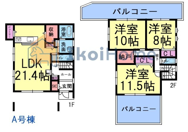 明石市西朝霧丘　新築戸建　A棟の間取り|【ホームページに現地動画掲載中】●年中無休：当日予約可●広々LDK21帖は大変魅力的！
