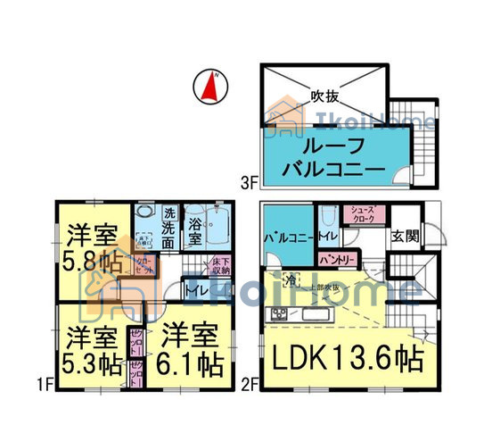 明石市朝霧東町2丁目　新築戸建の間取り|キッチン上部吹抜けで快適空間！広々ルーフバルコニー付きですのでお洗濯沢山干していただけます！