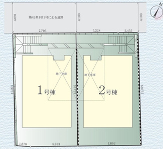 【区画図】 | 座間市緑ケ丘6丁目  1号棟 2期 | 1号棟　北西側約4～約4.1ｍ公道　駐車1台（地下車庫18.2ｍ2・車種によります）