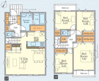 【間取り】 | 座間市緑ケ丘6丁目  2号棟 2期 | 都市ガス　網戸標準仕様　シャッター2箇所付　二面バルコニー（南・北）　リビング収納　各居室収納　LDKにスタディカウンターあり
