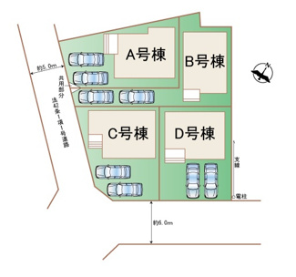 【区画図】 | 南区当麻 C号棟 | C号棟　南西角地　南東側約6ｍ・南西側約5ｍ各公道　駐車並列2台（車種によります）