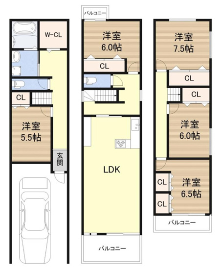 【間取り】 | 平野区平野東1丁目 | 【全洋室5LDK＋車庫】2階ワイドバルコニー☆収納充実♪1階にウォークインクローゼットあります♪