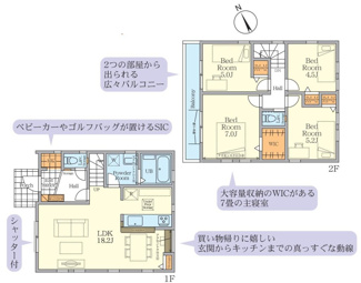 【間取り】 | 中央区宮下本町3丁目  1号棟 11期 | 網戸標準仕様　二部屋から行き来できるバルコニー　各居室収納（メイン洋室はWIC）　都市ガス