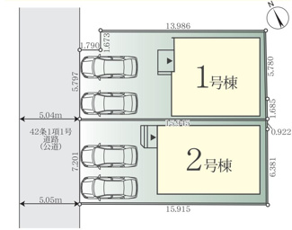 【区画図】 | 中央区宮下本町3丁目  2号棟 11期 | 2号棟　北西側約5ｍ公道　駐車並列2台（車種によります）