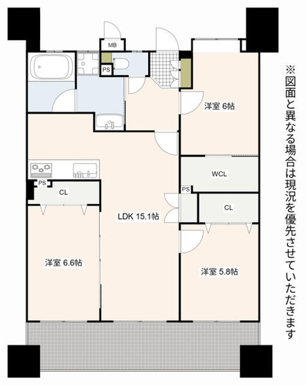 【間取り】 | コアマンション城南ネクステージ | 南向き３LDK。全居室に収納が完備されています。貴重なペット相談可能物件です◎廊下が少ない間取りのため、居住スペースを広くお使いいただけます。