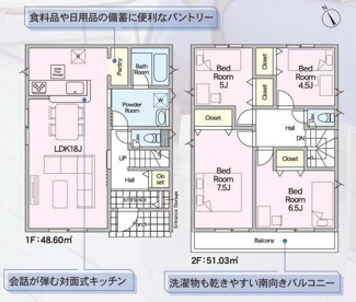 【間取り】 | 伊勢原市下糟屋  5号棟 第9 | 防犯カメラ（利用時Wifi接続必要）　二部屋から行き来できる南向きバルコニー　浴室乾燥機+窓　各居室収納