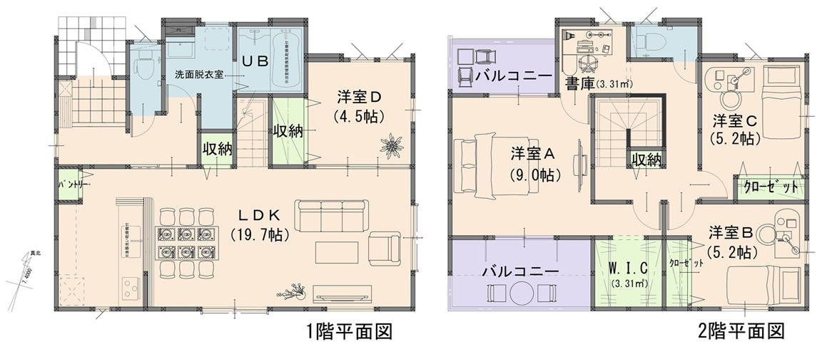 岡山市北区尾上 1期 ①号棟の間取り|◆間取りは4LDKです。2階にウォークインクローゼット、2面バルコニーがございます！