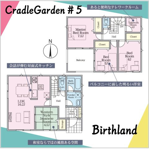 新築戸建・建売　郡山市大槻町字三角田　CRADLE GARDEN　全5棟の間取り|【4LDK】全室南向きで陽当たり良好♪テレワークルーム付きで書斎などに便利！