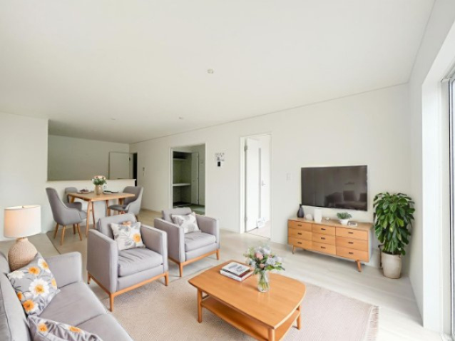 新築戸建・建売　二本松市竹田二丁目　CRADLE GARDEN　全5棟の居間・リビング|写真はホームステージングにて作成しており、実際に家具は付いてきません。