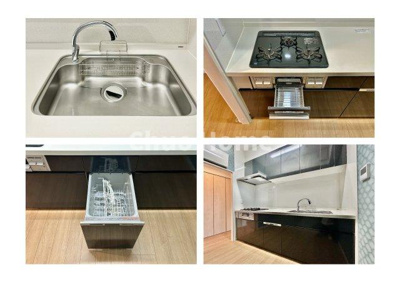 【キッチン】 | リバーウエストB館 | 【システムキッチン】ワイドで収納豊富な使い勝手の良いシステムキッチンには、食洗器や伸縮タイプのキッチン水栓、三ツ口コンロ・魚焼きグリルなどの便利な設備が標準完備されています。