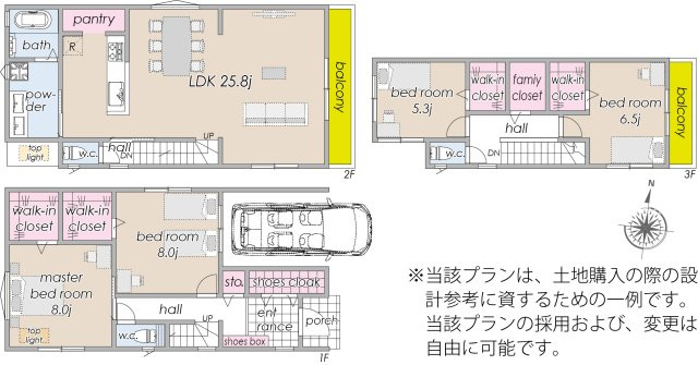 宅地分譲［北区赤羽西６丁目］の完成予想図|【参考プラン例】間取図
建物面積：140.76㎡（42.57坪）