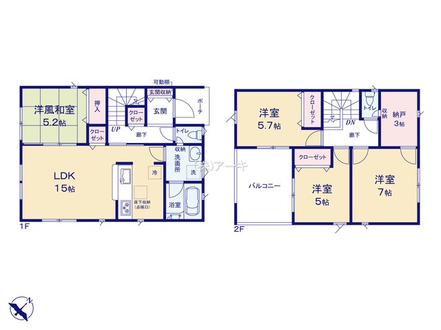刈谷市今川町三丁目208番、209番の各一部『仲介手数料無料』新築戸建て　の間取り|　3号棟　1F:LDK15帖に隣接する洋風和室5.2帖はお子様の遊び場・奥様の家事室に便利♪ホール収納♪2F:主寝室7帖　納戸3帖設置！洋室5.7帖・洋室5帖　CL設置♪南面インナーバルコニー♪