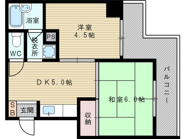 広々としたバルコニーがポイントの2DKです