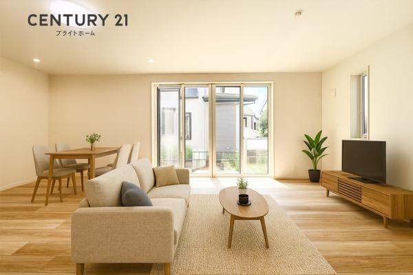 横浜市旭区上白根２丁目の新築一戸建の居間・リビング|窓からは明るい光が差し込みます！
自然と家族が集まる空間です♪
※家具はCGでの参考レイアウトです。
