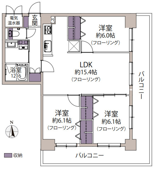 【間取り】 | ライオンズマンション今宿 | リビングも居室も広々とした3LDKで、ご家族でゆったりと暮らせます。部屋を囲む広いバルコニー付きです