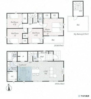 【間取り】 | 厚木市妻田南1丁目  1号棟 第2 | 都市ガス　網戸標準仕様　シャッター6箇所付　宅配BOX付機能門柱　食洗機・カップボード　浴室乾燥機　屋上バルコニー+バルコニー