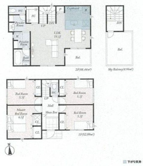 【間取り】 | 厚木市妻田南1丁目  3号棟 第2 | 都市ガス　網戸標準仕様　シャッター6箇所付　宅配BOX付機能門柱　食洗機・カップボード　浴室乾燥機　屋上バルコニー+バルコニー