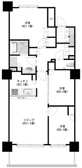 【間取り】 | ミッドオアシスタワーズ橋本 | 3LDKは、リビングダイニングキッチンと3つの居室がある間取り。ファミリー層に非常に人気の高い間取りで、広々としたリビングで家族団らんを楽しみ、個室でプライベートな時間も確保できるのが大きな魅力です。