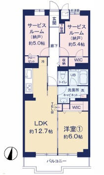 ライオンズマンション大宮指扇第二の間取り|12.7帖のリビングは、隣の洋室の扉を開放すると18.7帖の広々空間になります。キッチンから洗面や浴室までの距離が近いので、家事動線が良い間取りです◎人気のウォークインクローゼットつきなど収納豊富！