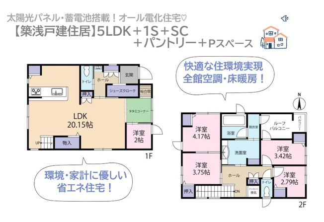 【間取り】 | 短期・長期の住宅設備保証をそのまま引継げる2023年築浅戸建住居◎
太陽光パネル・蓄電池搭載のオール電化仕様！花粉・PM2.5に対応する高性能フィルターで、家族みんなに優しい住環境を実現できますよ♪