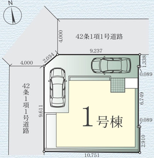 【区画図】 | 秦野市鶴巻南3丁目  1号棟 4期 | 北西角地　北側・西側約4ｍ各公道　駐車2台（車種によります）　※私道（3筆）持分あり