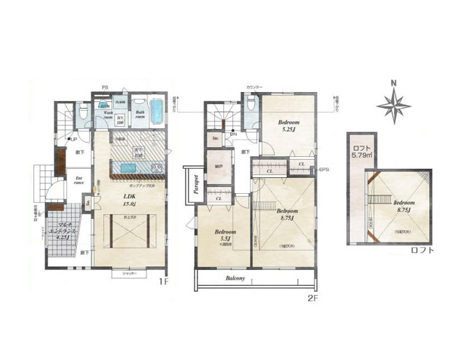 【間取り】 | 東久留米市前沢3丁目　新築一戸建住宅　全42棟　(保谷店) | 19号棟/半屋外空間が楽しめるマルチエントランス付き3LDK！
納戸やロフトなど収納も豊富に用意されています。