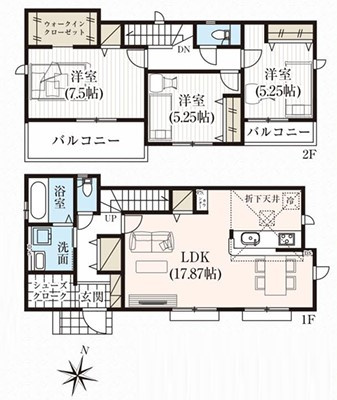八王子市　長房町　新築一戸建て　９期の間取り|～全室南向き3LDK　開放感のあるワンフロアリビングの間取り