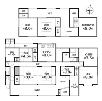 【間取り】 | 甲州市塩山牛奥 中古 宅地252坪+農地196坪 四方道路 | 手直しは必要ですが、広々とした建物です。