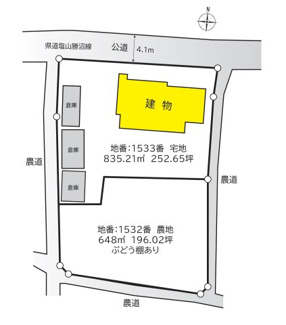 【区画図】 | 甲州市塩山牛奥 中古 宅地252坪+農地196坪 四方道路 | 母屋+倉庫×3　宅地252坪+農地196坪の合計448坪の広々敷地　周囲をぐるっと道路が囲みます。