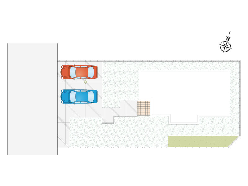 【1号棟：区画図】駐車並列２台可能です。前面道路も道幅６ｍですので、ゆったりと停められます。陽当たりも良いので、ガーデニングやちょっとした家庭菜園もお楽しみいただけます。
