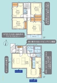 【間取り】 | 平塚市袖ケ浜  1号棟 3期 | 都市ガス　網戸標準仕様　シャッター2箇所付　食洗機・浄水器　浴室乾燥機+窓　南向きバルコニー　各居室収納