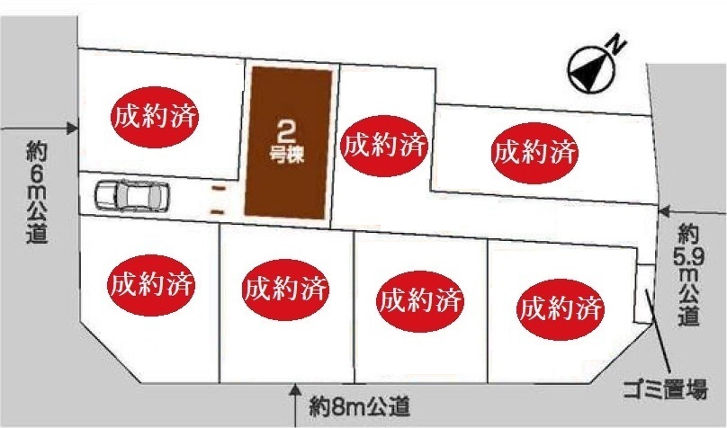 蕨市南町3丁目 全8棟 2号棟の区画図| 三方公道に面する開放感
南西側6ｍ公道×南東側8ｍ公道×北東側5.9ｍ公道に面する
光と風を享受する心地よい立地