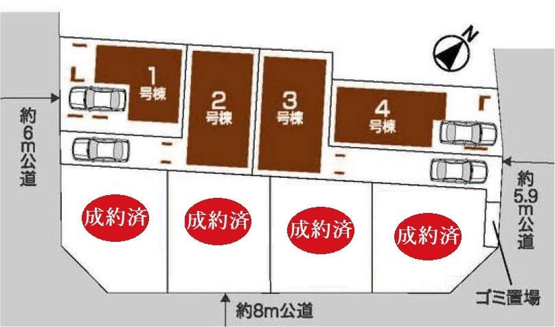 蕨市南町3丁目 全8棟 1号棟の区画図| 三方公道に面する開放感
南西側6ｍ公道×南東側8ｍ公道×北東側5.9ｍ公道に面する
光と風を享受する心地よい立地