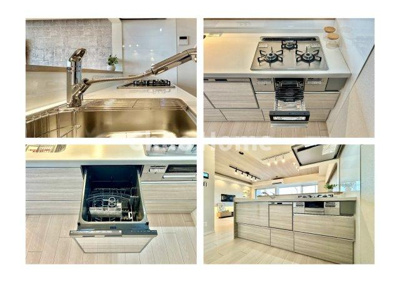 【キッチン】 | ツインシティ1番館エトランズ東砂 | 【システムキッチン】ワイドで収納豊富な使い勝手の良いカウンターキッチンには、食洗器や伸縮タイプのキッチン水栓、三ツ口コンロ・魚焼きグリルなどの便利な設備が標準完備されています。