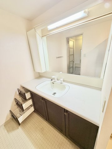 パストラルハイム幸壱番館　中央区幸１丁目の独立洗面台|鏡がとても大きいので空間が広く感じられますね。