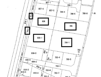 【土地図】 | 宇部市厚南中央一丁目土地　807坪（地目：田、雑種地、畑） | 地番794-1・808・809…地目：田、　地番795…地目：雑種地、地番816-10・816-11…地目：畑