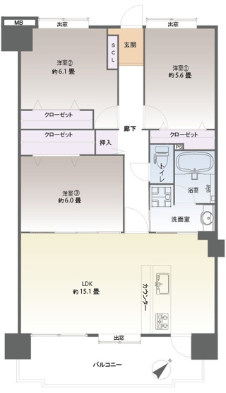 【間取り】 | スカイハイツ姪浜西 | 8月にリフォーム完成しています。収納充実の3LDKなのでご家族でゆったりと暮らせます