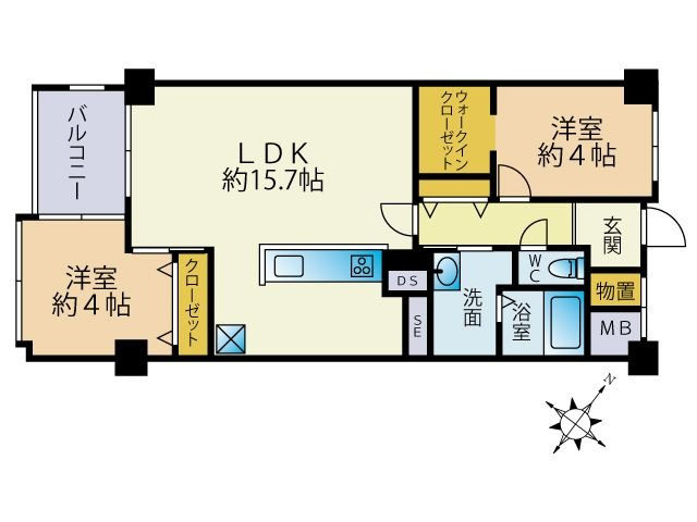 【間取り】 | ホワイティ薬院 | 使いやすい振分タイプの2LDK。ちょっと広めのLDKで各部屋も安らぎをもたらすプライベート空間です