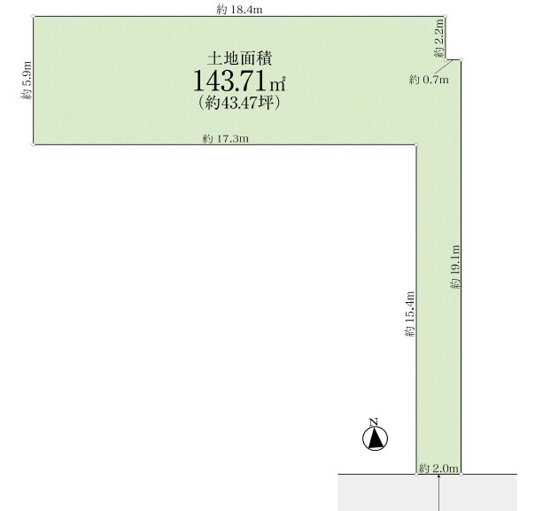 城東区関目1丁目売土地の土地図|道路から奥まっているため、静かな環境を得やすい旗竿地です。