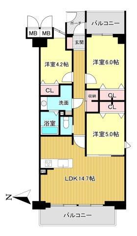 東急ドエル大和八木アネックスC棟7階の間取り|3ＬＤＫ　専有面積：68.20ｍ2　バルコニー：12.04ｍ2
