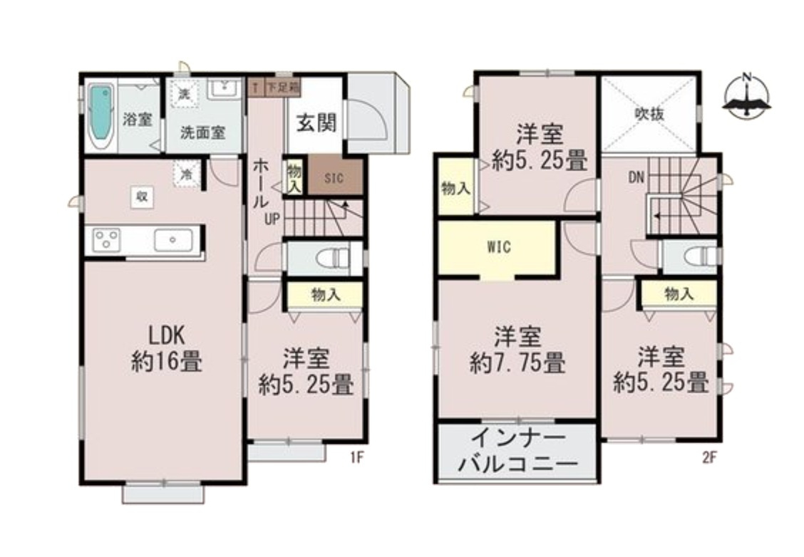 筑紫野市二日市北6丁目第1-2棟（B号棟）の間取り|全居室収納付きで便利です。