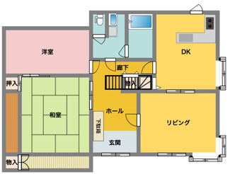 【間取り】 | 新田大根中古戸建 | 一階に部屋が多いため、２階を使わずに生活もできます。